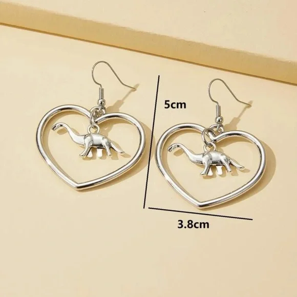 🦕 Awesome Heart Brontosaurus Dino Dinosaur Drop Earrings 🦕 - Picture 2 of 2